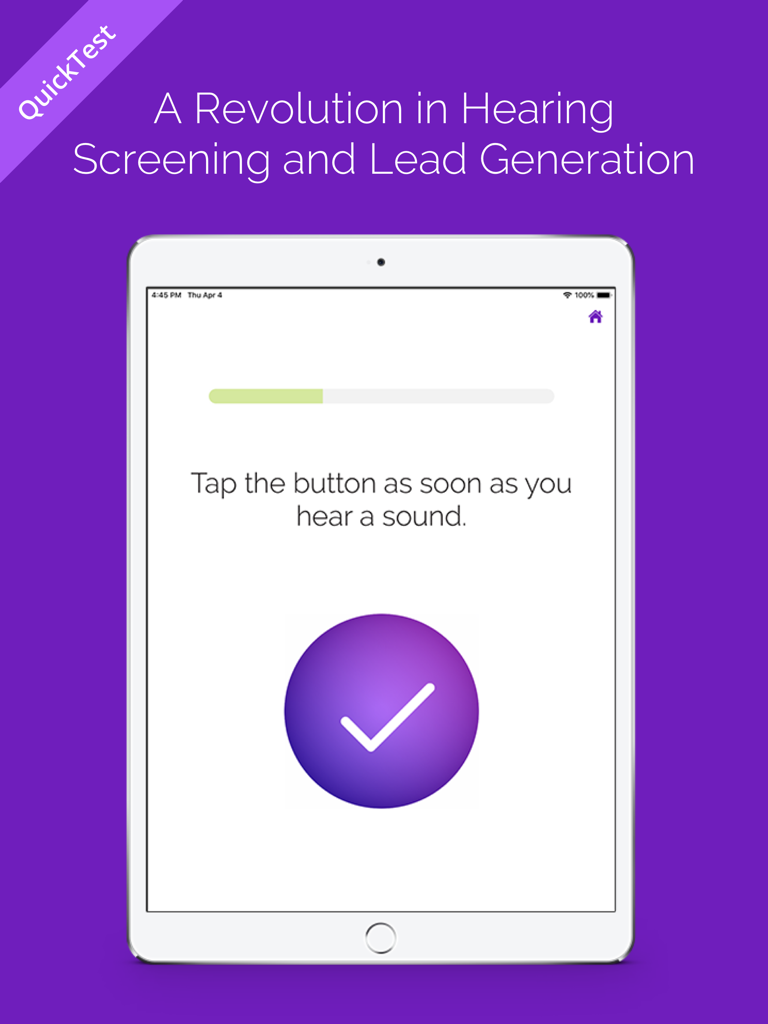SHOEBOX QuickTest app interface on an iPad displaying a hearing screening instruction to tap a button when a sound is heard.