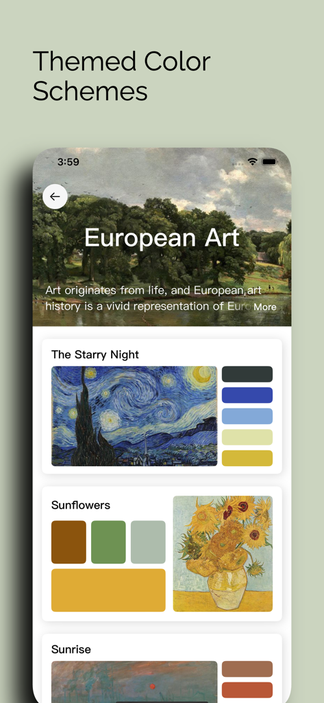iColors - Color palette muse - Bildschirm der iColors-App, der Farbpaletten zeigt, die aus berühmten europäischen Kunstwerken wie Van Goghs Sternennacht abgeleitet sind.