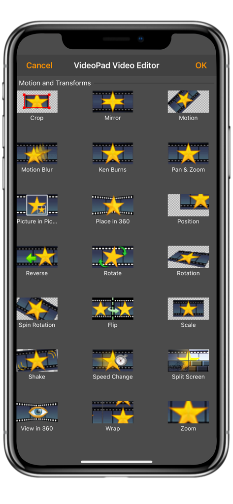 A list of motion and transform effects in the VideoPad app including crop mirror and rotate