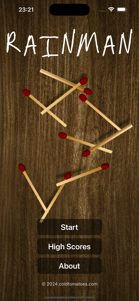 Rainman - The Game - Main menu screen of Rainman The Game featuring matchsticks on a wooden background