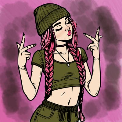 realistic teenage girl with braids and a beanie and crop top doing 🫶🏼