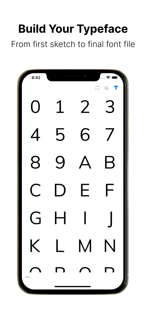 Letterforms - Font Maker - iPhone screen displaying a grid of numbers and letters being used to build a custom typeface in the Letterforms app.