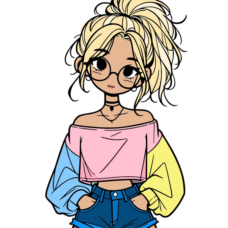 girl with a messy ponytail glasses a baggy crop top and jean shorts