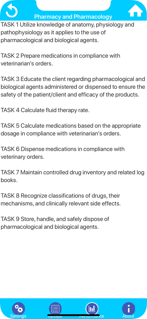 Veterinary Technician Exam - Eine Liste von neun Aufgaben im Zusammenhang mit Pharmazie und Pharmakologie in der Studien-App für die Veterinärtechniker-Prüfung.