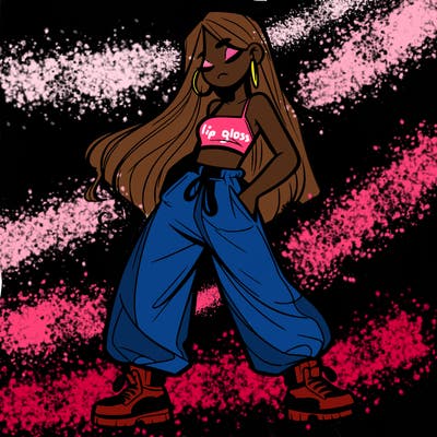 girl in baggy pants crop top and long hair