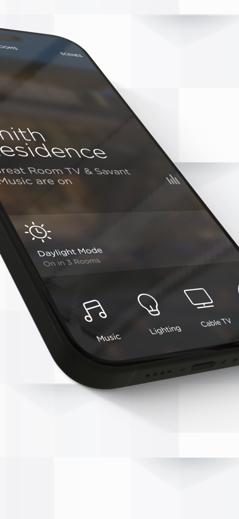 Savant - Savant Pro smart home app interface on iPhone showing Daylight Mode and room controls