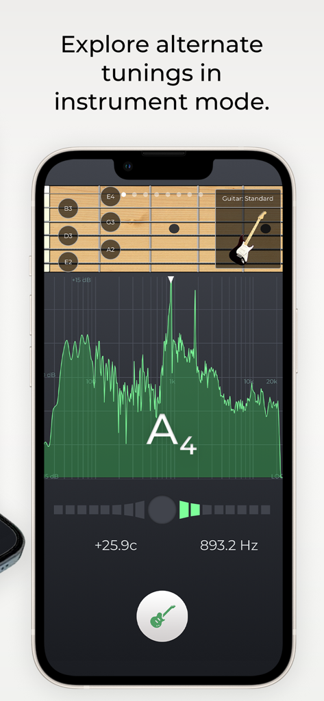 n-Track Tuner Pro app interface showing guitar tuning in instrument mode with a green frequency spectrum analyzer.
