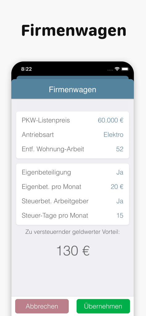 Company car tax calculation screen in the Bruno app