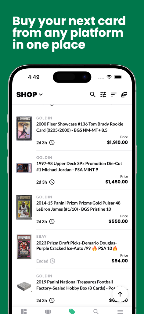 Card Ladder app shop screen featuring sports card listings from various auction houses and platforms.