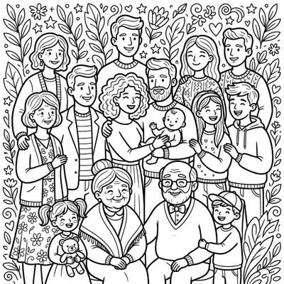 Gather your colors for this beautiful extended family portrait coloring page, featuring multiple generations sharing smiles and warmth. It's a perfect way to celebrate love, connection, and cherished memories with crayons or markers.