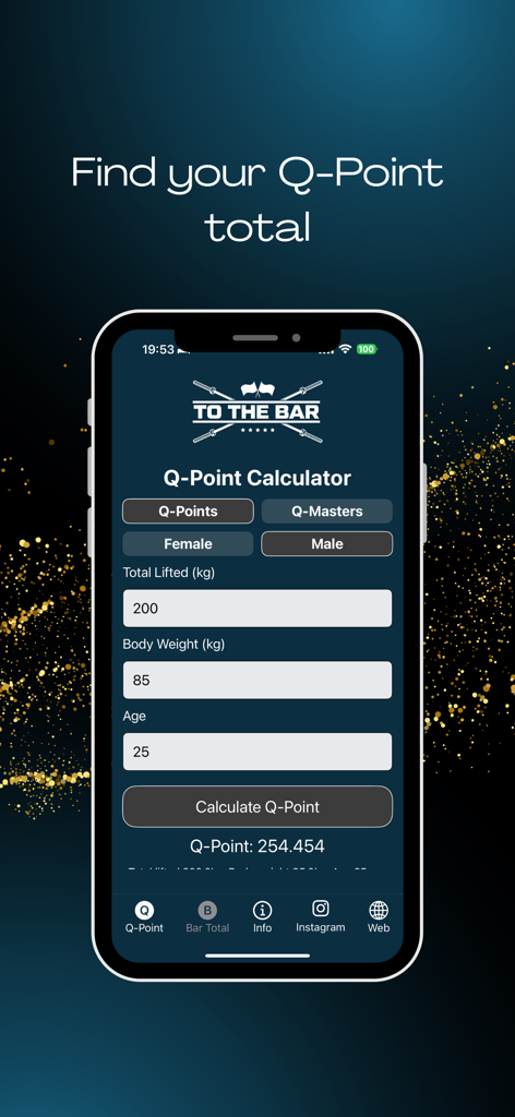 Q-Points Calculator - Q-Points Calculator app interface showing a strength score calculation for Olympic weightlifting