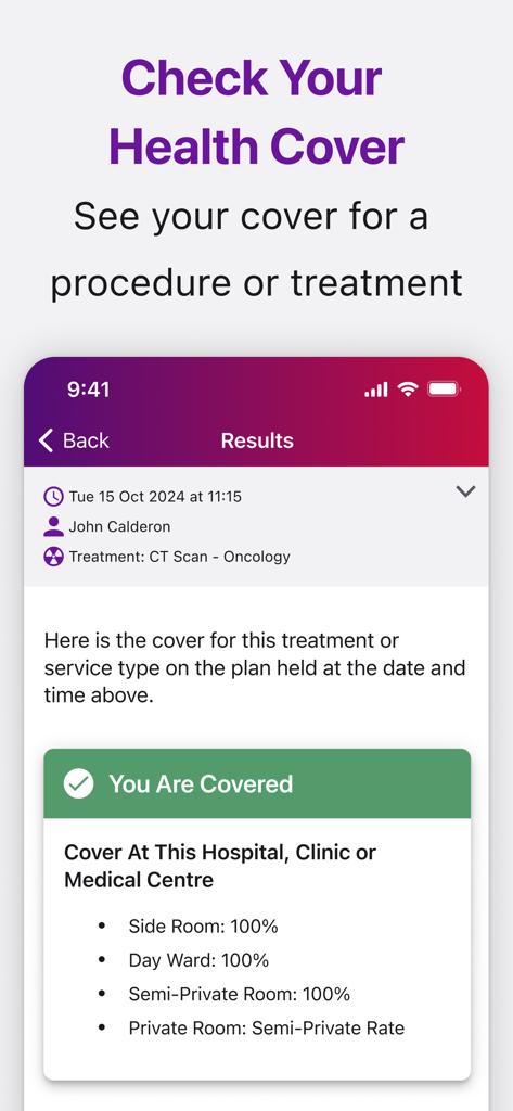 Mobile screen from the Vhi app showing a positive health insurance coverage result for a CT scan