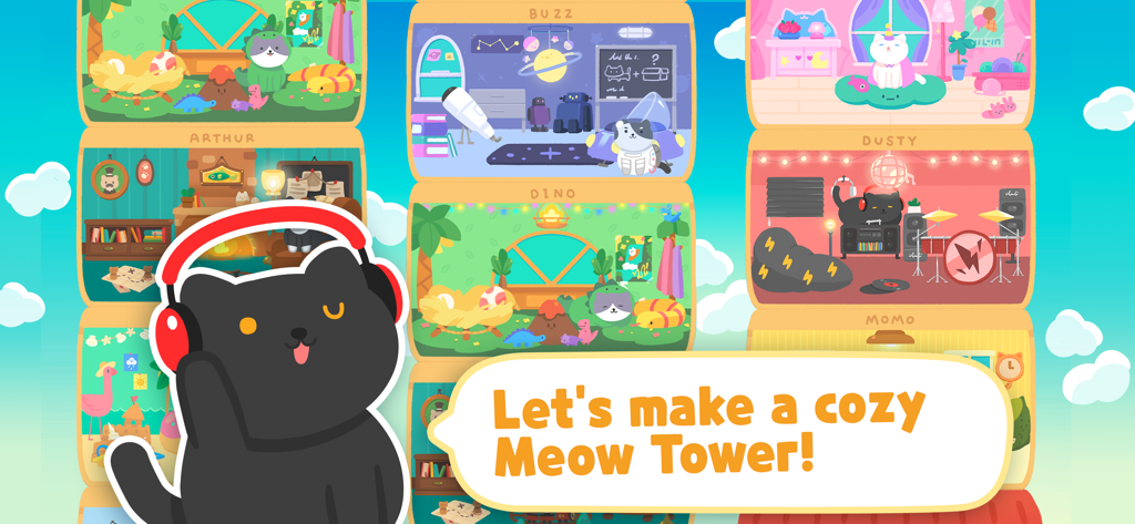Meow Tower - Nonogram Puzzle - A collection of uniquely decorated themed rooms for cats in Meow Tower with a black cat wearing headphones in the foreground