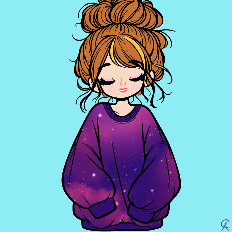 girl with baggy sweatshirt and messy bun