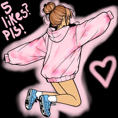realistic girl jumping with a bun and oversized sweatshirt