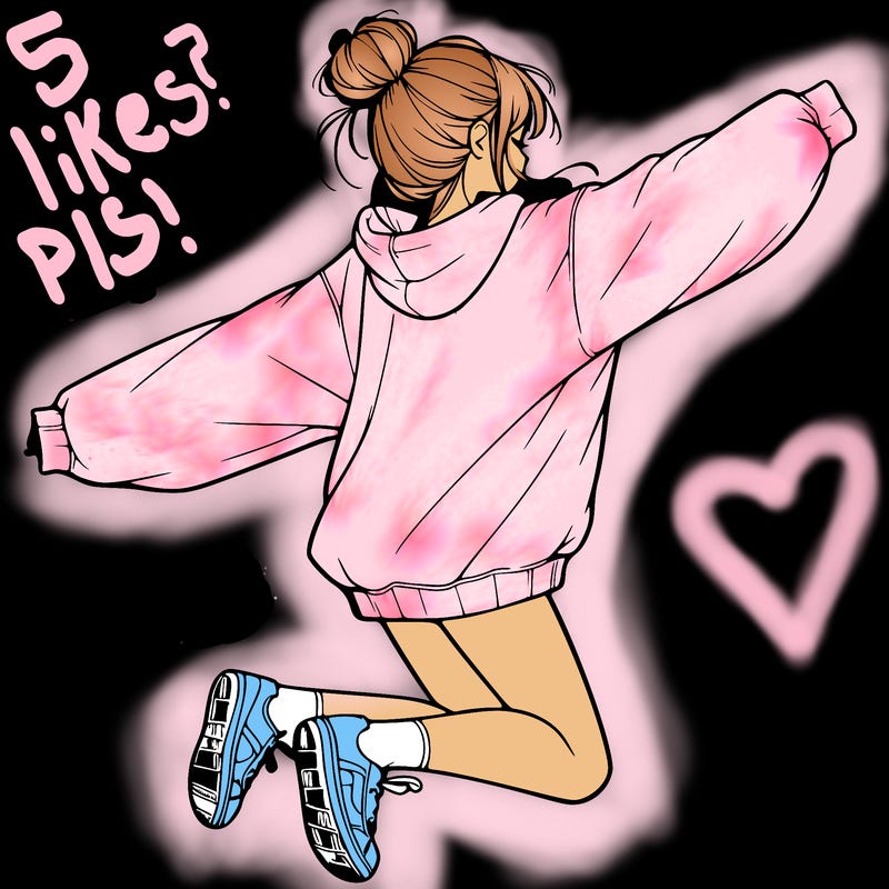 realistic girl jumping with a bun and oversized sweatshirt