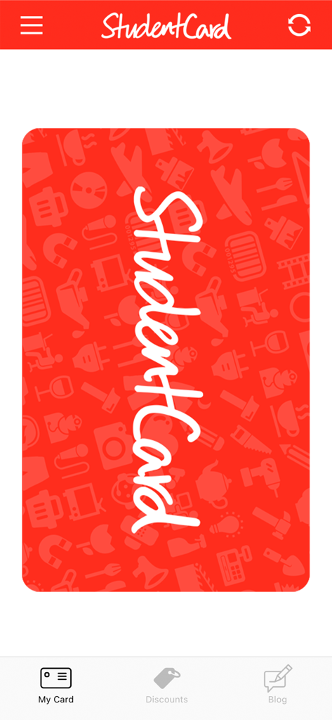 StudentCard - A digital student ID card screen in the StudentCard app featuring a red brand pattern and the My Card navigation tab.