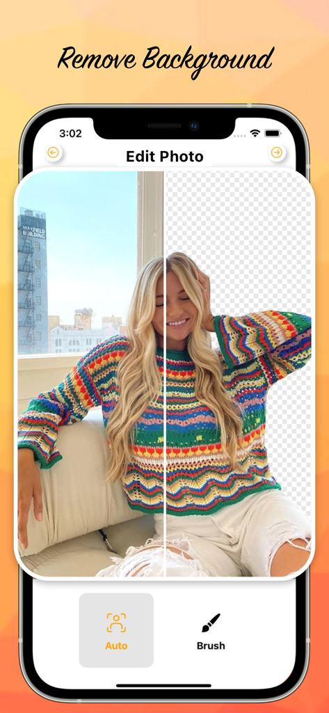 A split screen demonstrating the background removal feature on a portrait of a woman