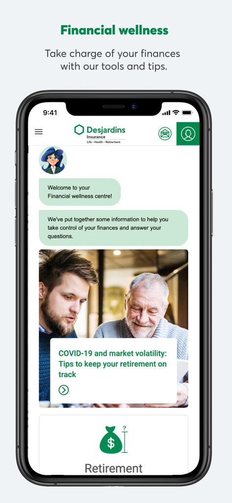 Omni by Desjardins - Omni by Desjardins mobile app interface showing the financial wellness center and retirement planning tips