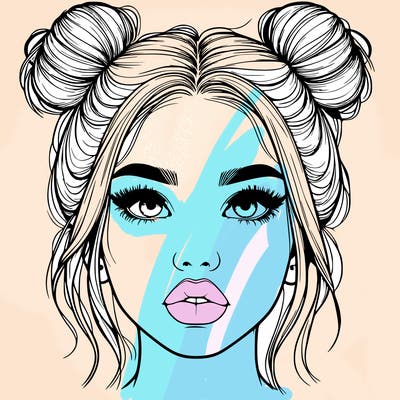 realistic girl with two buns on her hair and lips