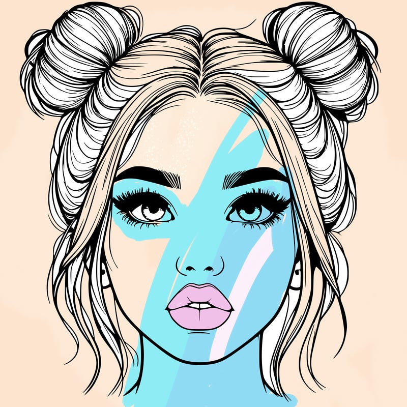 realistic girl with two buns on her hair and lips