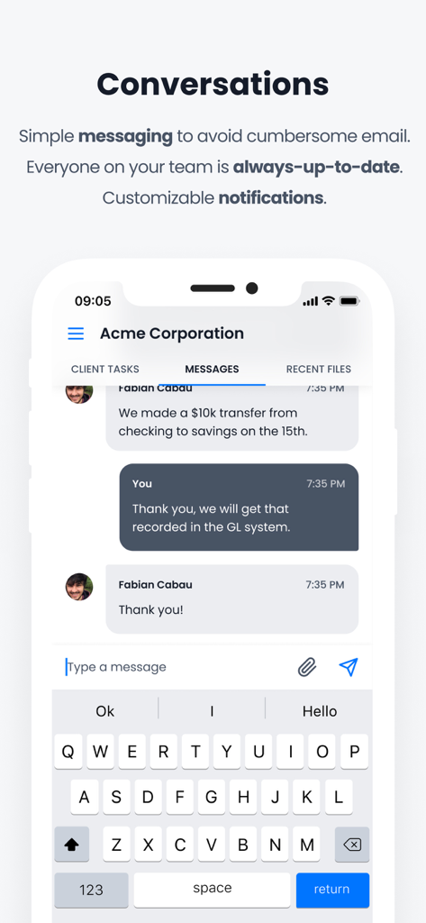 Interface de messagerie sécurisée dans l'application Client Hub pour la communication entre comptables et clients