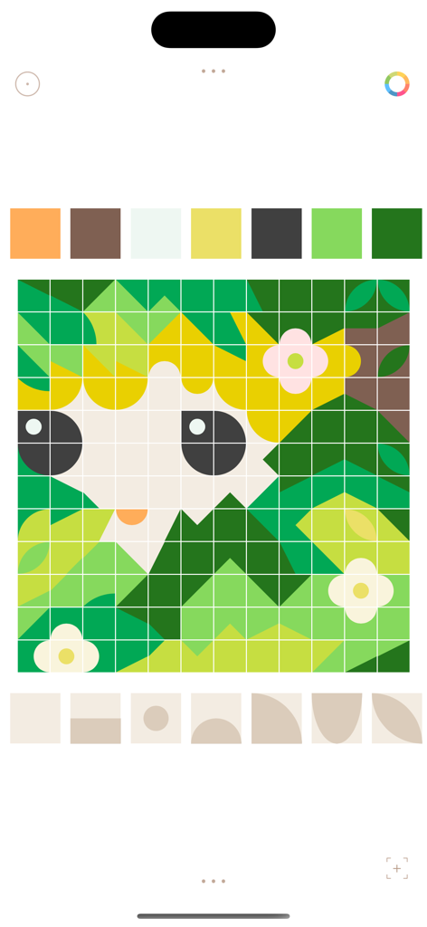 A pixel art character design created with geometric shapes and colors in the New Pixels mobile app interface.