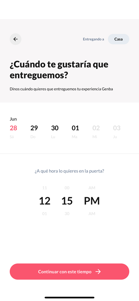 Genba - Pantalla de la aplicación Genba para seleccionar fecha y hora de entrega