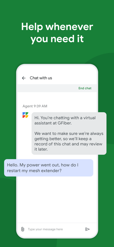 GFiber: The Google Fiber App - Screenshot of GFiber app chat interface showing a user asking a virtual assistant how to restart a mesh extender