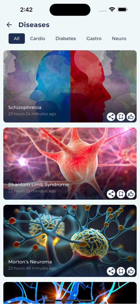 Nexus App - Nexus app screen showing a list of medical diseases including Schizophrenia and Phantom Limb Syndrome with descriptive imagery.