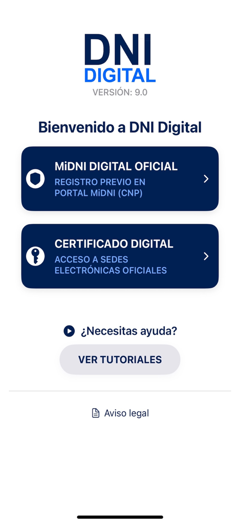 Menú principal de la app DNI Digital mostrando opciones para el registro oficial MiDNI y acceso al certificado digital.