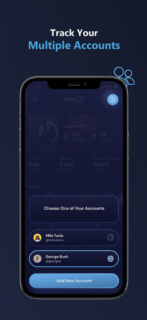 ProReports+ Unfollowers IG - Mobile app interface showing the option to track and switch between multiple Instagram accounts