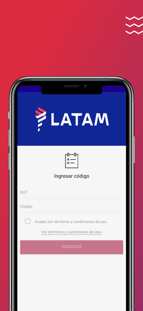 Latam GO - A interface de login do aplicativo Latam GO, apresentando um campo para RUT e um código de entrada.
