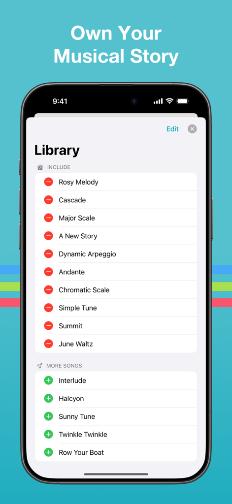 Perfect Pitch — Synesthesia - La biblioteca de la aplicación Perfect Pitch muestra una lista de melodías y escalas para el entrenamiento sinestésico.