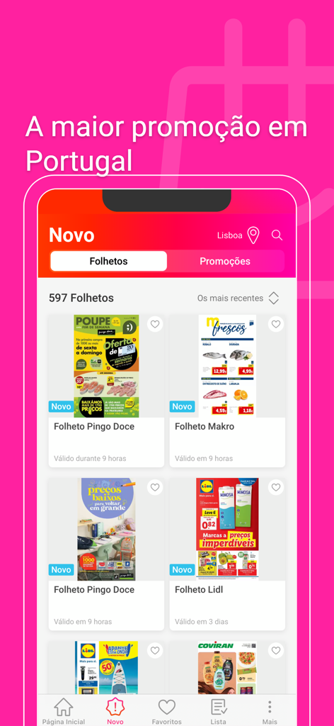 Folhetos Promocionais Portugal - Interface de l'application mobile Folhetos Promocionais Portugal affichant une collection de prospectus d'achats numériques des principaux détaillants portugais comme Pingo Doce et Lidl
