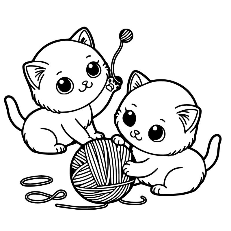 two kittens playing with a ball of yarn