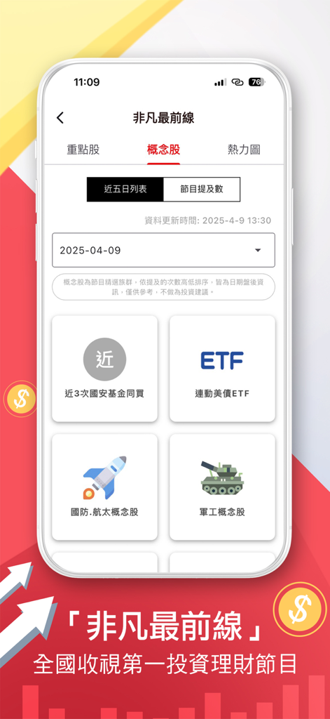 A screenshot of the Unique Business News app showing investment categories including ETFs and defense industry stocks on the Unique Frontline screen.