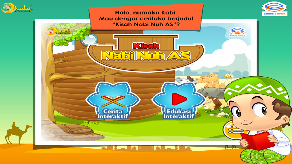 Kisah Nabi Nuh AS - Main menu of the Kisah Nabi Nuh AS app with illustrations of Noah Ark and animals