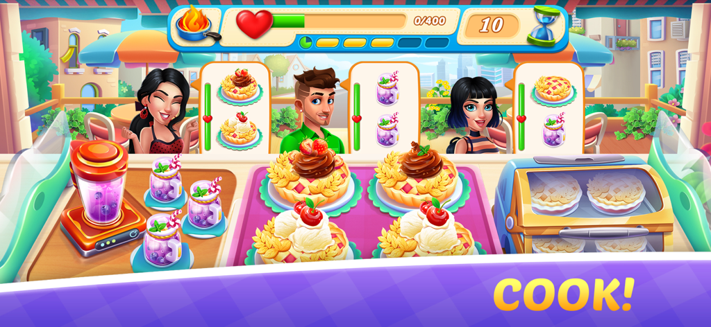 A cooking simulation gameplay scene with customers waiting for pie and drink orders in a colorful restaurant.