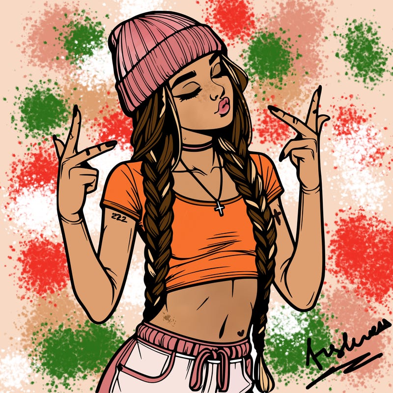 realistic teenage girl with braids and a beanie and crop top doing 🫶🏼