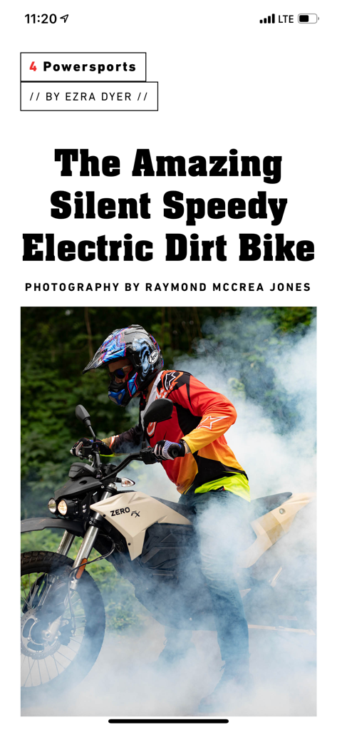 Popular Mechanics Magazine US - A feature article in the Popular Mechanics Magazine app about a silent electric dirt bike with a rider on a Zero FX motorcycle surrounded by smoke.