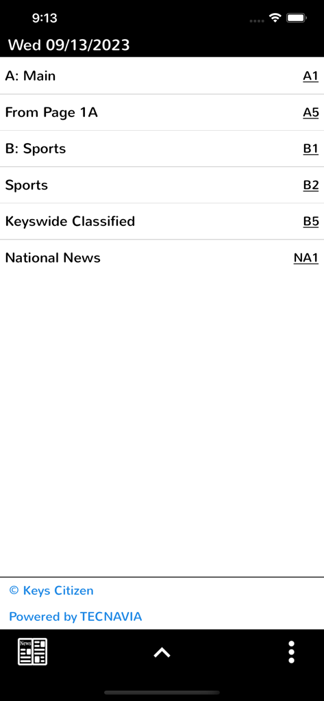 Keys Citizen - Keys Citizen app interface displaying a list of newspaper sections including Main, Sports, and Classifieds