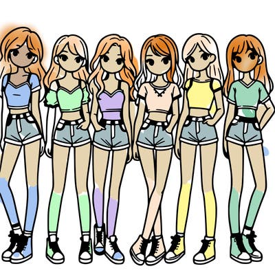 a group of girls wearing crop tops and shorts