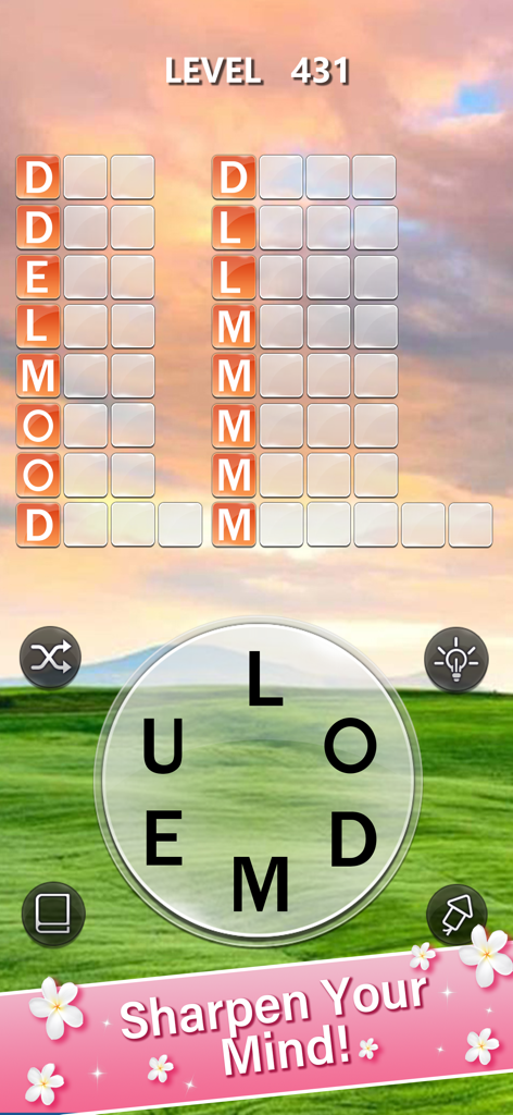 Screenshot di gioco di Otium Word Relax Puzzle Game che mostra una ruota di collegamento parole e uno sfondo di paesaggio panoramico.