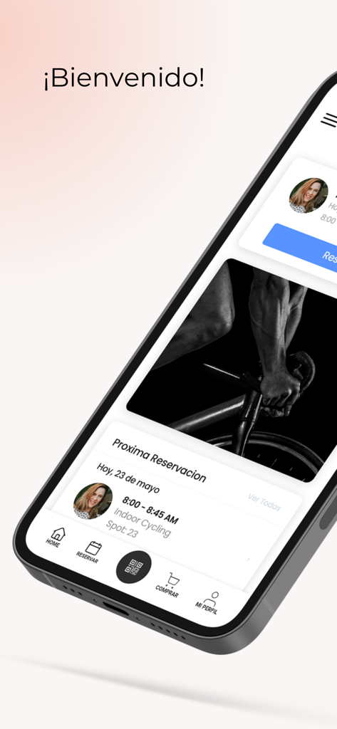 Boost Bookings - Boost Bookings app home screen displaying a scheduled indoor cycling class reservation in Spanish