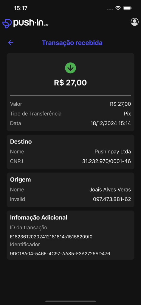 PushinPay - PushinPay mobile app interface displaying details of a received payment