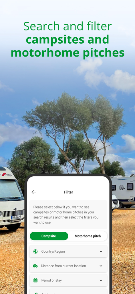 ACSI Campsites Europe app interface showing search filters for campsites and motorhome pitches on a smartphone