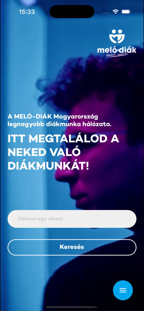 Home screen of the Melo-Diak student job search app featuring a search bar and job networking information