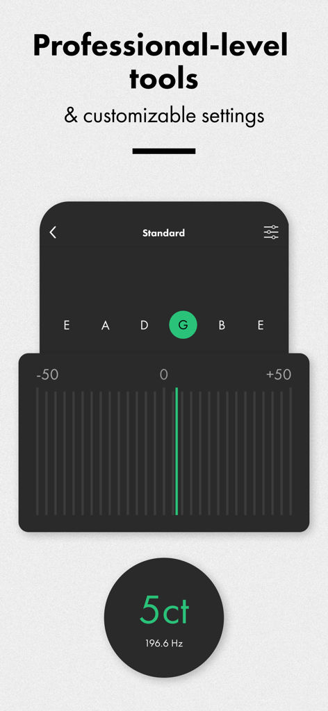 Fender Tune: Guitar Tuner App - Fender Tune app interface showing professional guitar tuning tools with cents and hertz frequency display