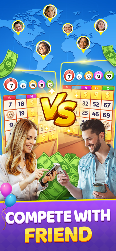 Bingo 2026 Clash - Two players competing in Bingo 2026 Clash with digital bingo cards and cash rewards